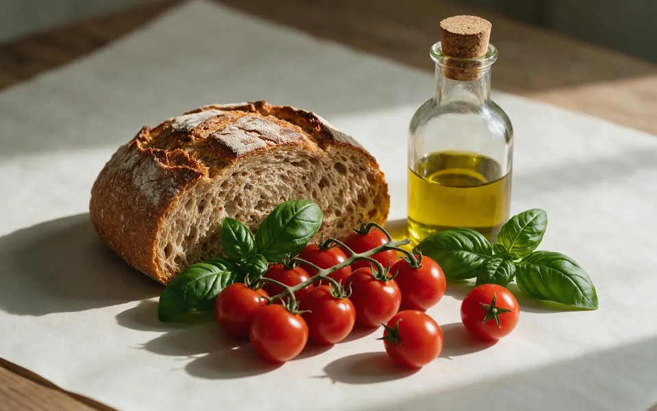 Pane integrale, olio e pomodorini su un piano chiaro