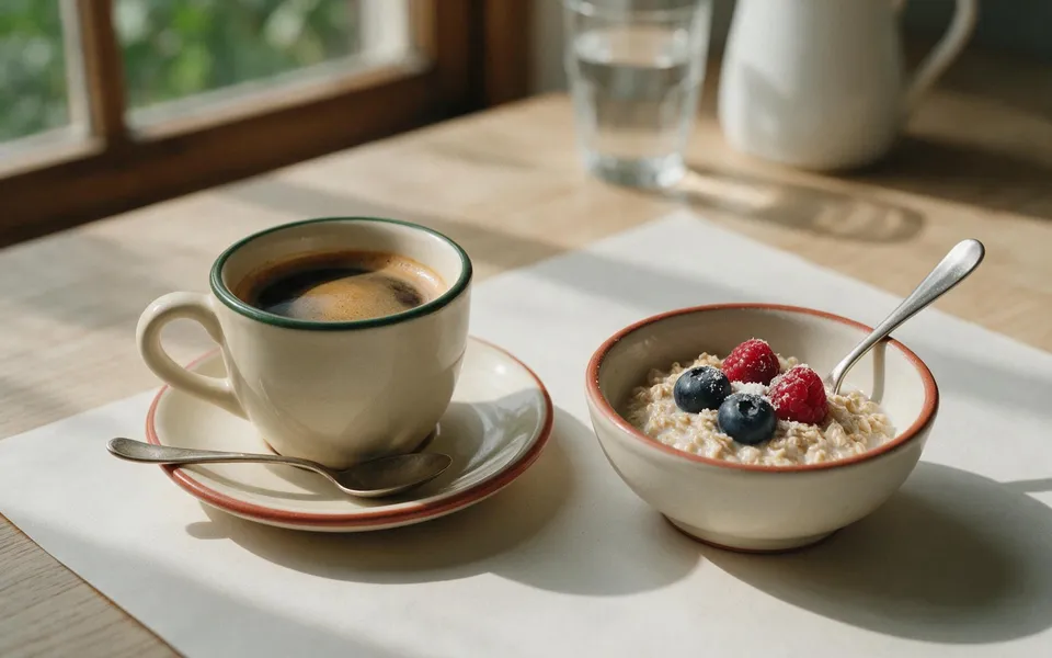 Una tazza di caffè e una ciotola di avena con frutti di bosco