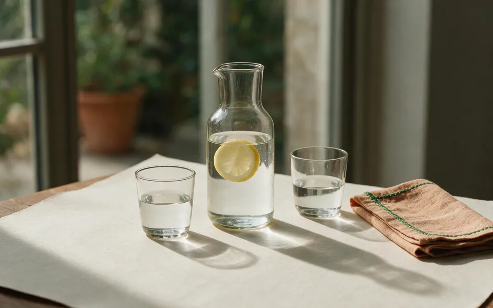 Una caraffa d'acqua con una fetta di limone e due bicchieri